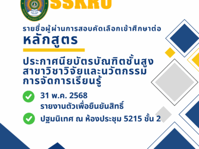 รายชื่อผู้ผ่านการสอบคัดเลือกเข้าศึกษาต่อหลักสูตรประกาศนียบัตรบัณฑิตชั้นสูงสาขาวิชาวิจัยและนวัตกรรมการจัดการเรียนรู้ ปีการศึกษา 2568